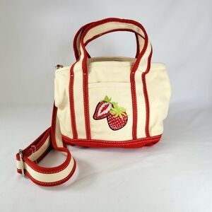 Strawberry Tote Bag Red Beige Boat Canvas Cottagecore Garden Nautical Crossbody